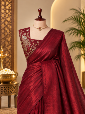 Satin Space Silk Saree with Peacock Designer Blouse – Elegant Party Wear Saree