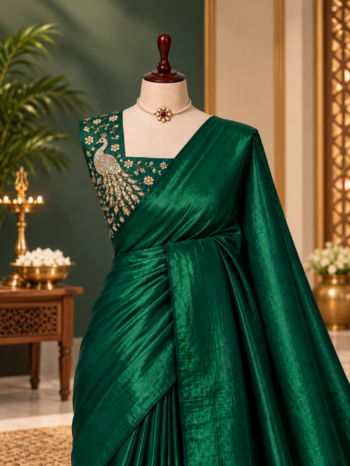 Satin Space Silk Saree with Peacock Designer Blouse – Elegant Party Wear Saree (Copy)