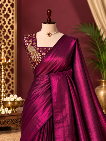 Satin Space Silk Saree with Peacock Designer Blouse – Elegant Party Wear Saree